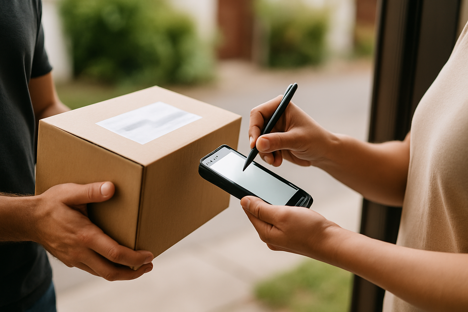Mensajero entregando paquete y cliente firmando en dispositivo