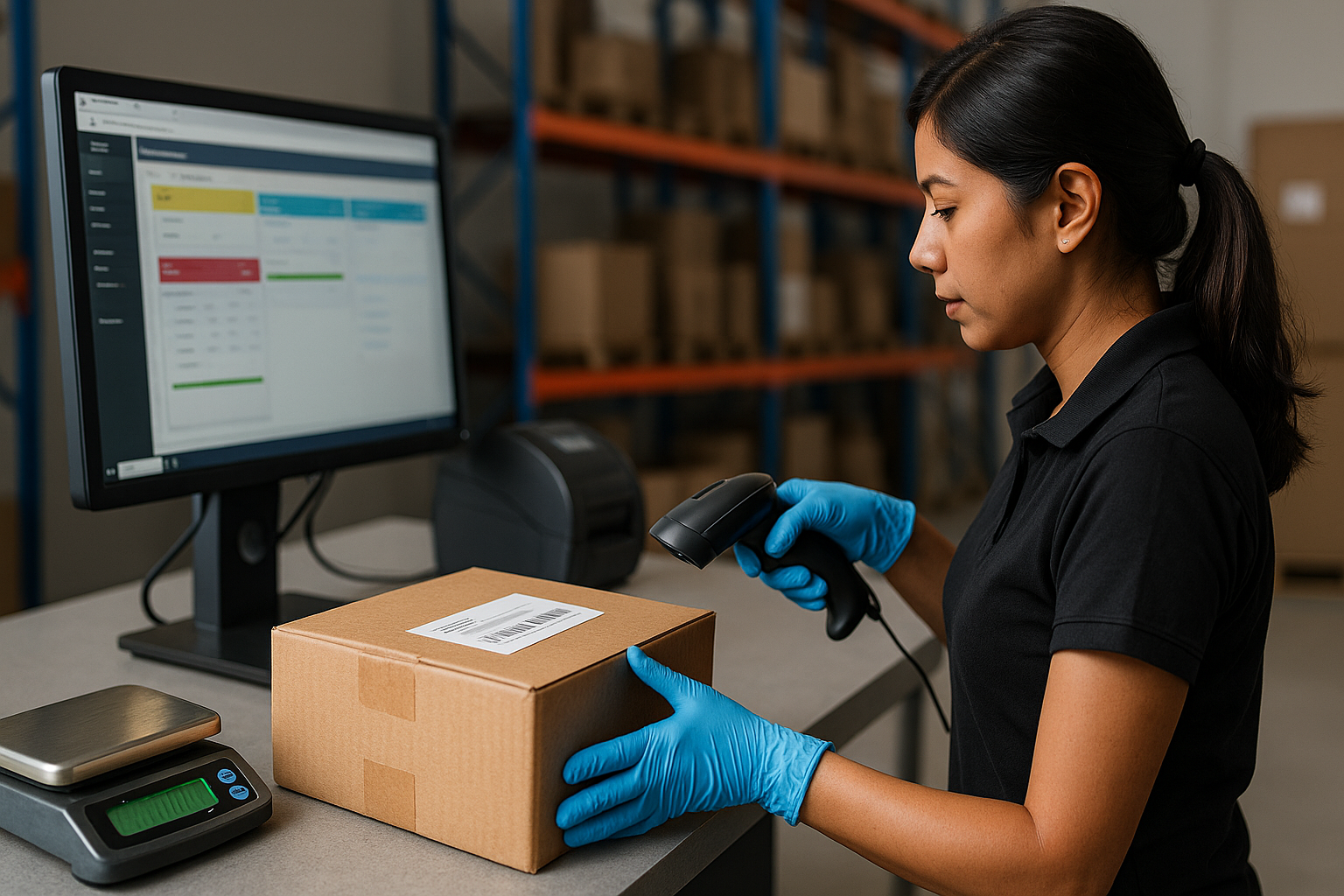 Operaria escaneando código de barras sobre paquete, báscula y monitor con sistema