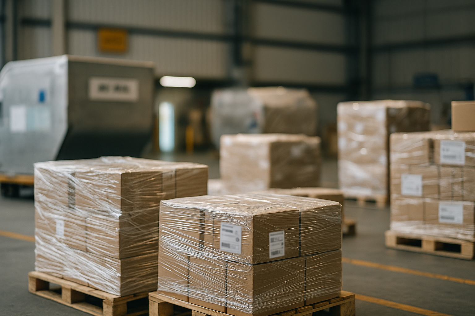 Pallets filmados con guías aéreas en bodega logística